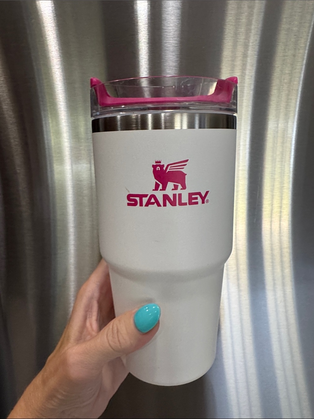 Stanley White Tumbler with Hot Pink Logo and Lid